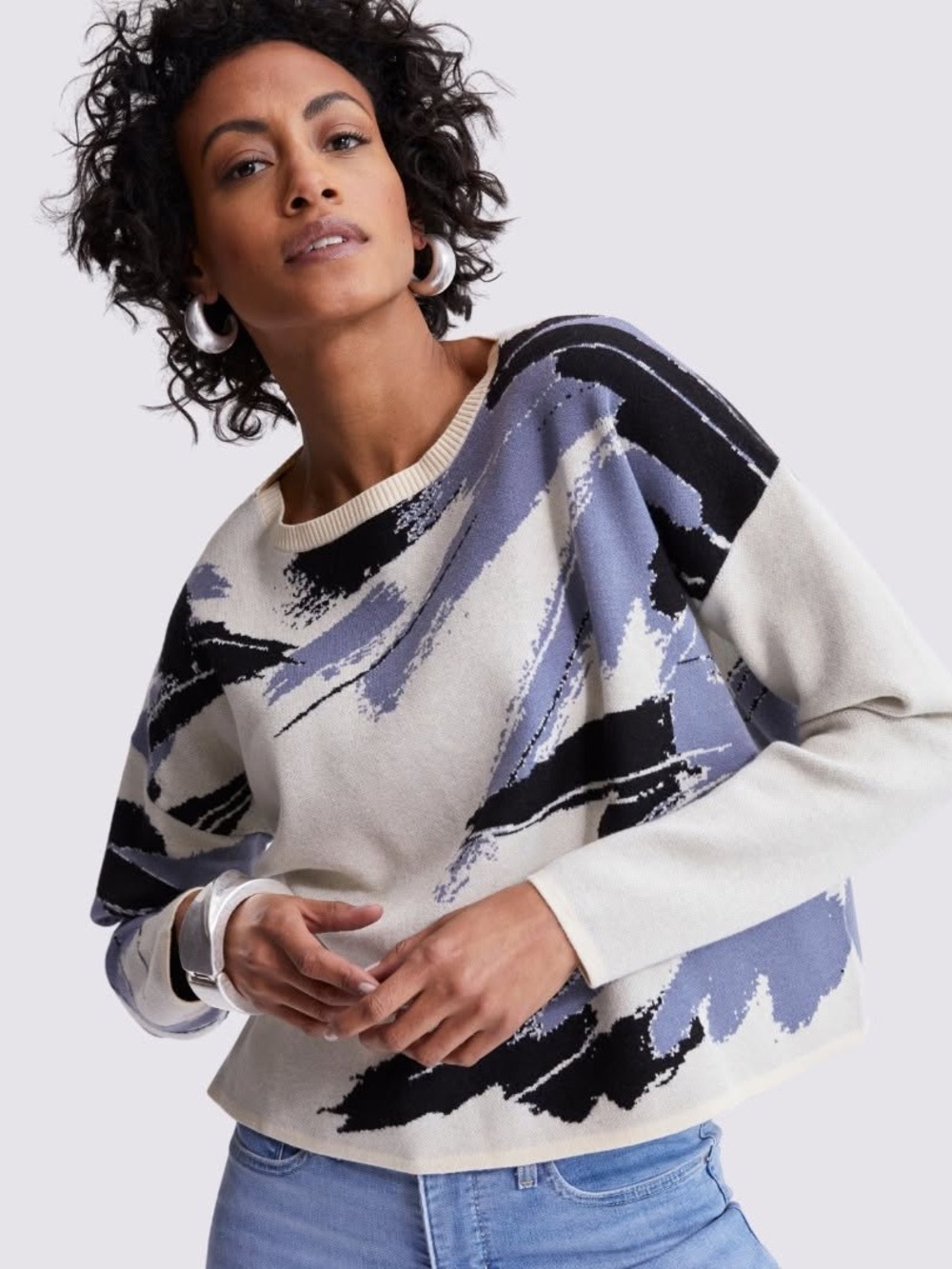 MARLA WYNNE (XL) Brushstroke Jacquard Pattern Sweater Ecru Loose Fit Soft NWT